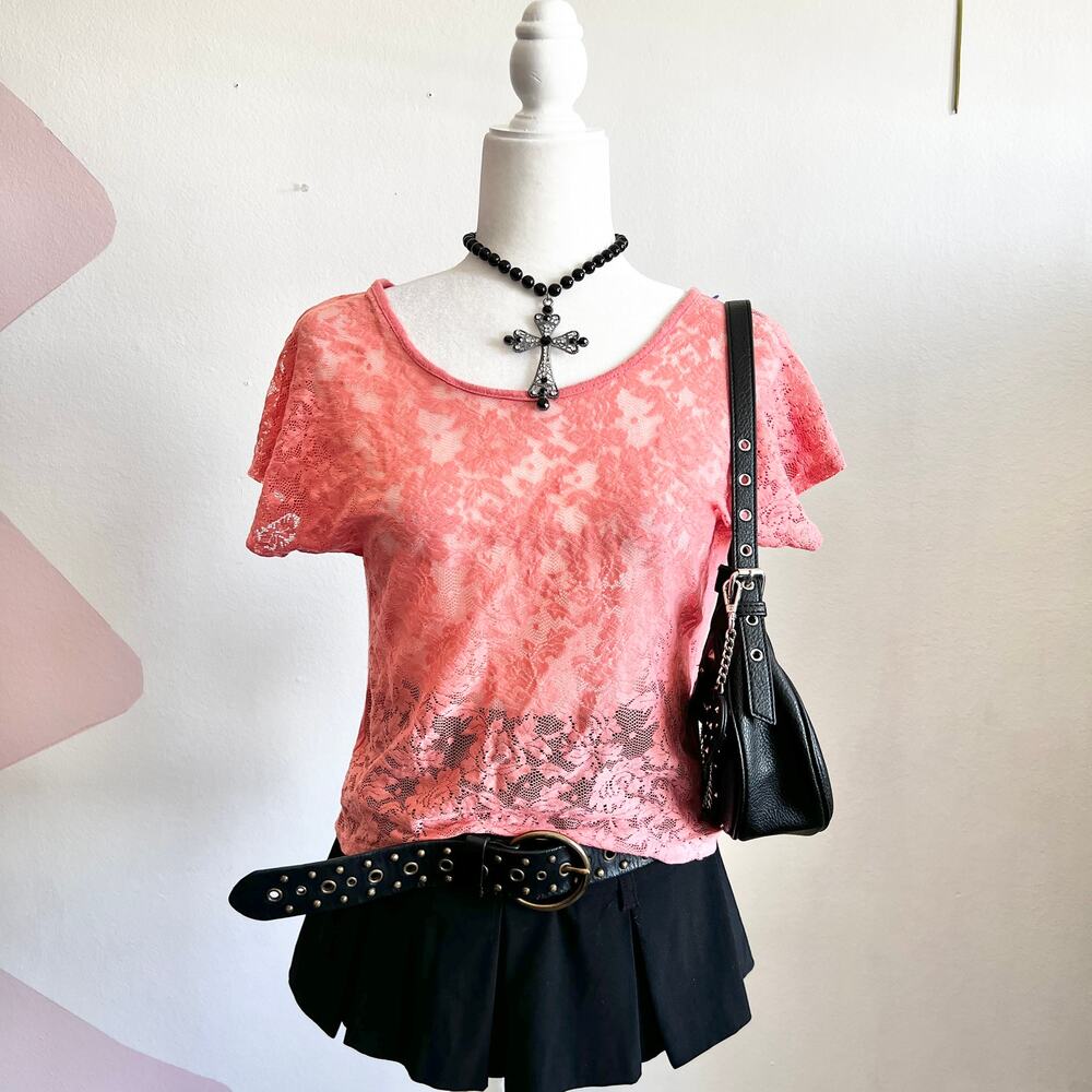 Y2K Coral Lace Top, Boho, Coquette, Romantic, Beachy,‎ Vacation, Small, Girly